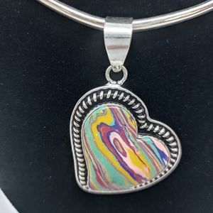 Pendant Heart with genuine rainbow calsilica stone